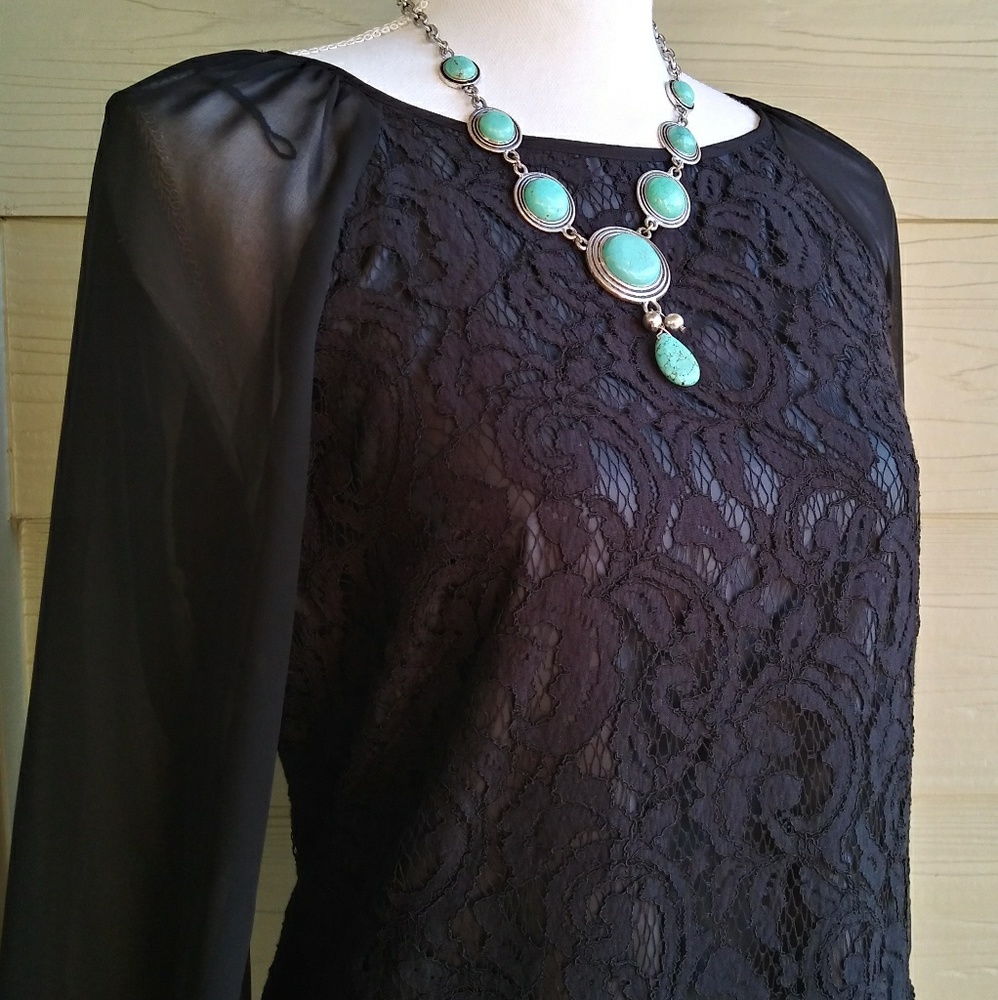 Coldwater Creek Black Lace Dress Sheer Sleeve 14 - Picture 2 of 8